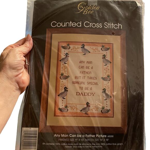Golden Bee Counted Cross Stitch Kit “Any Man Can be a Father” Complete NEW Open - Picture 1 of 10